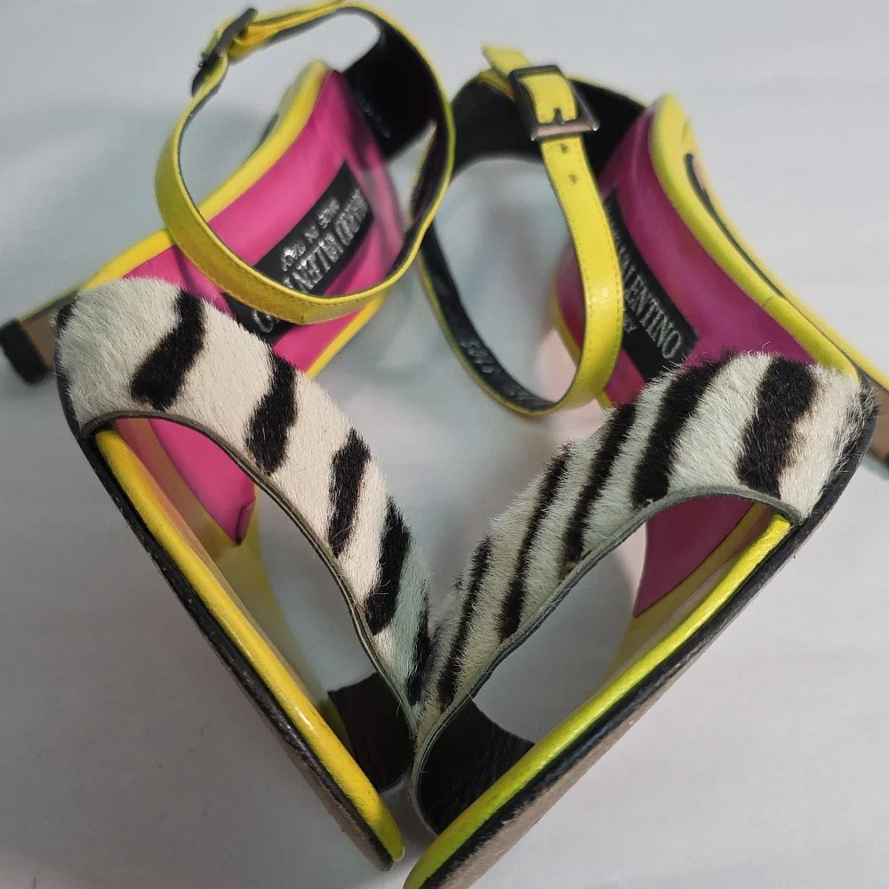 Mario Valentino Italy Zebra Print Calf Hair & Lime Green Leather Heel Sandals